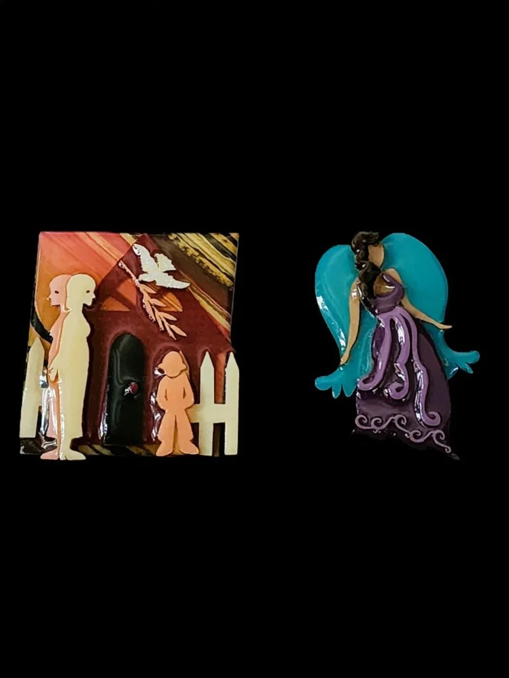 VTG Designs By Lucinda Handmade Resin Brooches Pins Lot of 2 House & Angel